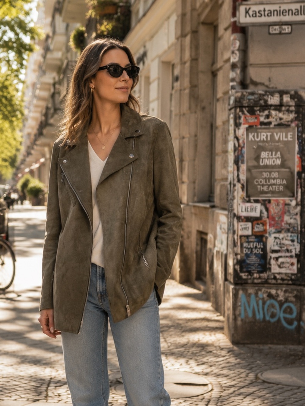 M MAGASCHONI Microsuede Minimalist Asymmetrical Olive Green Moto Jacket, S